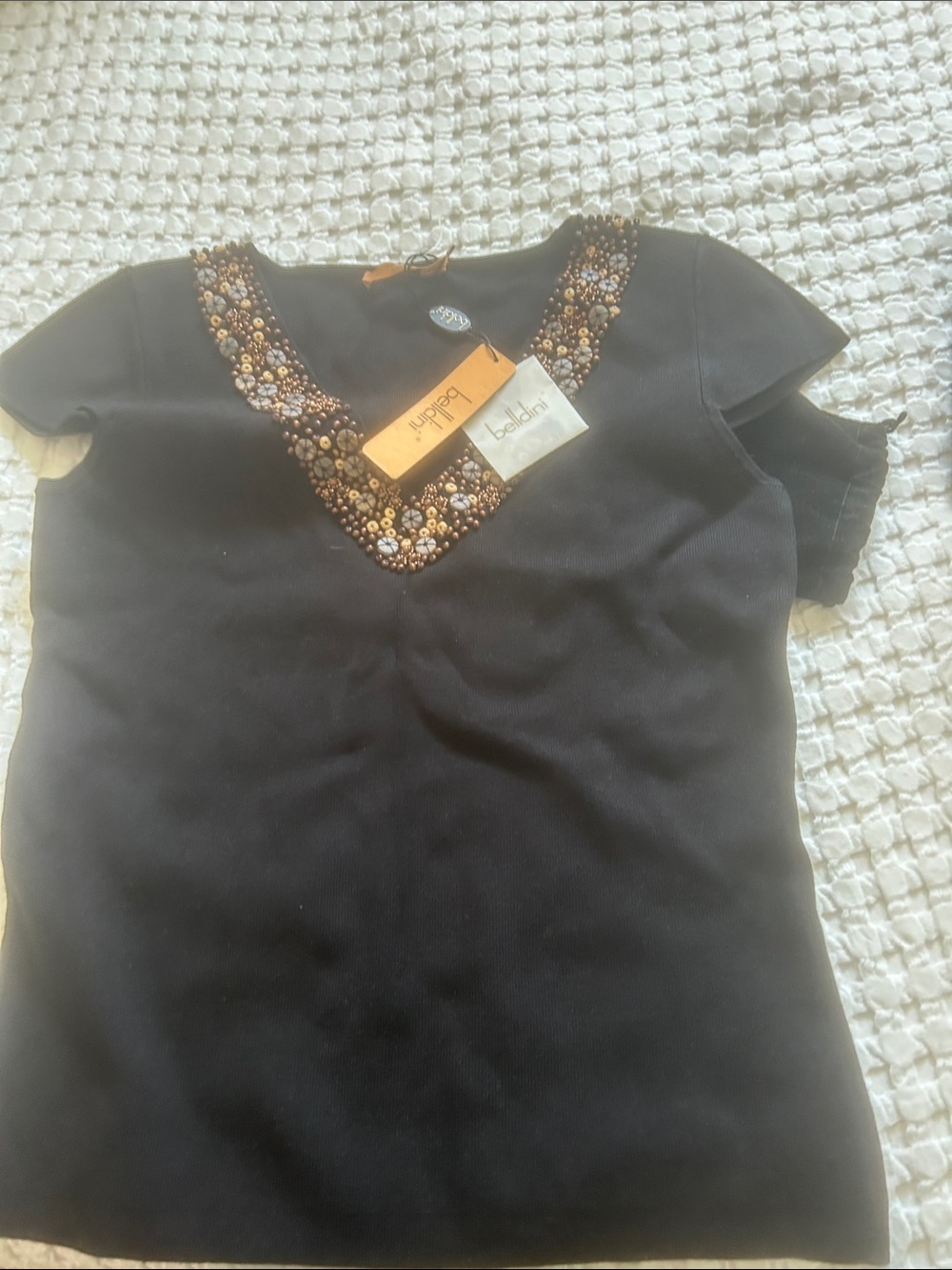 Belldini Black V-Neck Top with Gold & Brown Beaded Trim